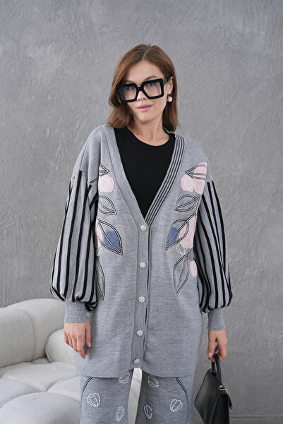 Miss Allos Women's Beaded Wide-Fit Knitwear Cardigan and Pants Bottom-Top Set