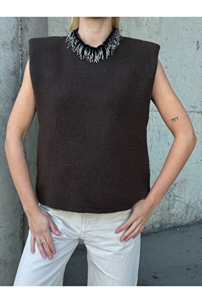 b buhari bykoc guler ridicat Bluză din tricot fără mâneci, cu detalii cu margele, din pernițe pentru umeri piese