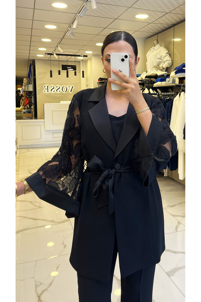 Vosse Moda İlgi Siyah Kolları Küpür ve boncuk İşlemeli Takım