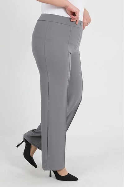 By Alba Collection Women's Gray Flexible Waist Buttoned Wide Leg Stretch Fabric Pants
