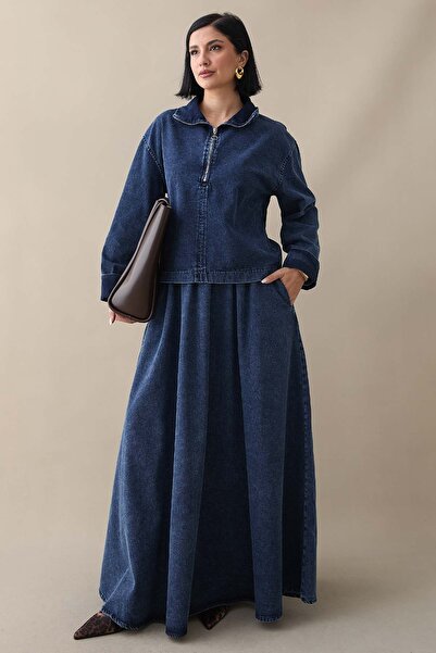 InStyle Джинсовий комплект з темно-синьою спідницею та застібкою-блискавкою на комірі