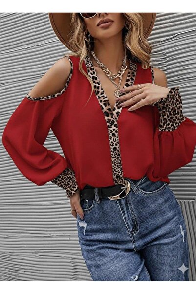 MODA Women's off-the-shoulder blouse with leopard print detail and button-up front.