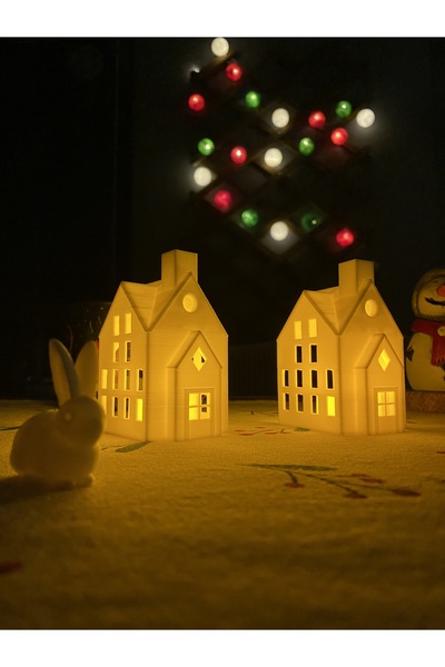 Root Made Kış Evleri 2li Set - Dekoratif Noel Evleri Plli Led Mumluk - Balkon Dekoru - Mum ve Tavşan Hediyeli