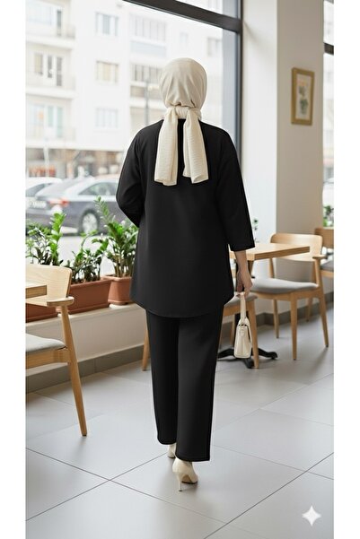 ECEYLÜL MODA Black Hijab Two-Piece Set with Tie-Front Kimono Jacket and Wide-Leg Pants, Casual Chic, New Season