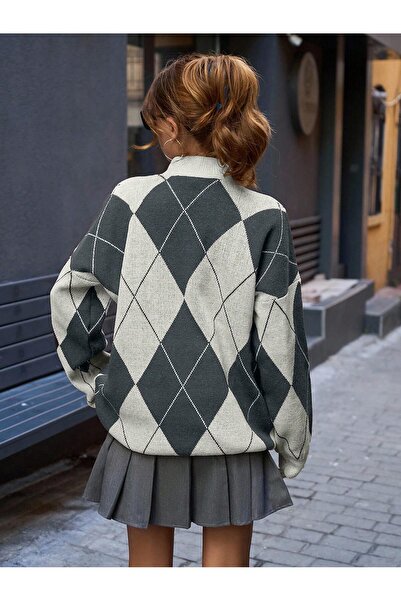 Dier Moda Women's Dark Gray Argyle Pattern Mock Neck Knitwear Sweater, Knitwear Sweater Fmoda6100