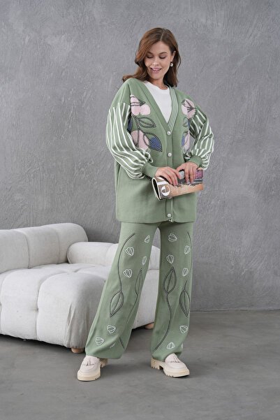 Miss Allos Women's Beaded Wide-Fit Knitwear Cardigan and Pants Bottom-Top Set