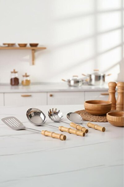 Atbyhome Bambum Mundo 4-Piece Bamboo Handle Steel Kitchen Utensil Set Dowry Set Spoon Colander Ladle