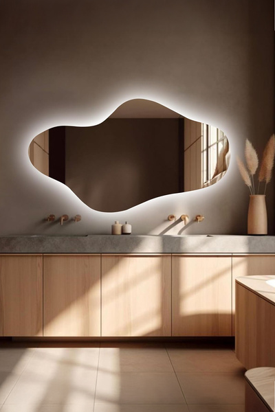 Fawdecor Asimetrik LED Aydınlatmalı Dekoratif Duvar Banyo Hol Salon Aynası
