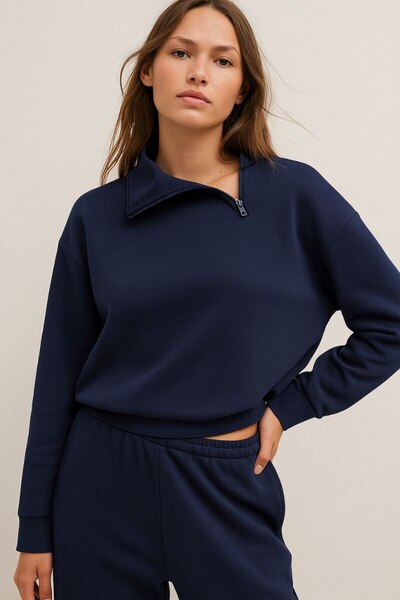 Moda Banuş Yan Fermuarlı Modal Kumaş Bol Paça Lacivert Eşofman Takımı