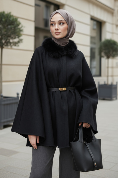 Salih Çelebi Kürk Yaka Kaşe Panço 81204 - SİYAH