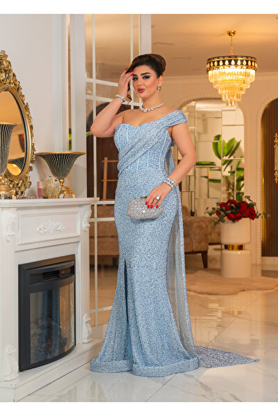 DADO BELLA İndigo Tül Üzeri Payet Boru Kumaş Tek Omuz Pelerin Detaylı Yırtmaç...