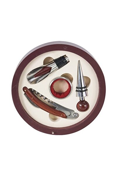 IBIZA wine set, round wooden gift box with corkscrew, drip ring, stopper and pouring device