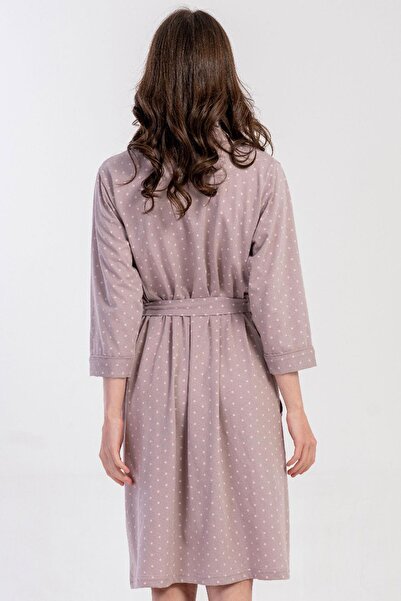 VİENETTA Women's Light Brown Color Capri Sleeve Pocketed Belted Polka Dot Dressing Gown C4T1N0305