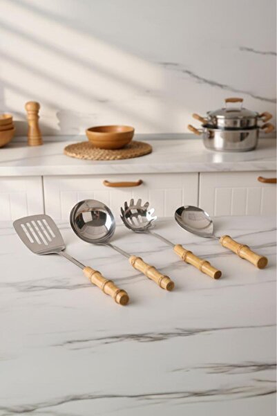 Atbyhome Bambum Mundo 4-Piece Bamboo Handle Steel Kitchen Utensil Set Dowry Set Spoon Colander Ladle
