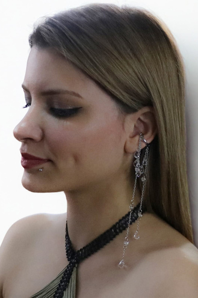 Cadının Dükkanı Kristal Taş Sallantılı Uzun Zincirli Cerrahi Çelik EarCuff Küpe