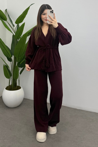 Bipantolon Women's Burgundy Waist Tassel Lace-Up Detailed Cardigan Pants Two-Piece Knitwear Set