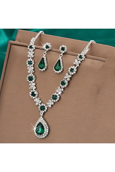 Choice ZT9102-Green طقم مكون من 3 قطع من قلادة كريستالية نسائية مع أقراط لحفل...