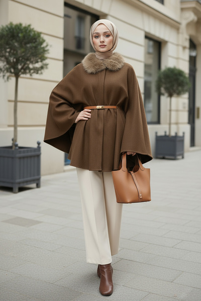 Salih Çelebi Kürk Yaka Kaşe Panço 81204 - KAHVERENGİ