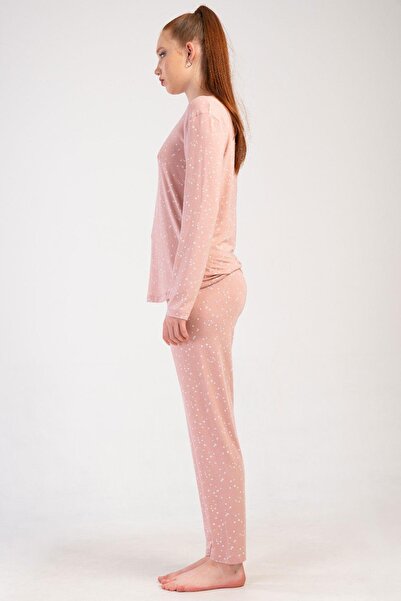VİENETTA Women's Pink Color Long Sleeve Polka Dot Pajama Set C5T0N1205