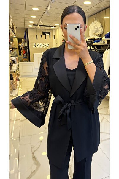 Vosse Moda İlgi Siyah Kolları Küpür ve boncuk İşlemeli Takım