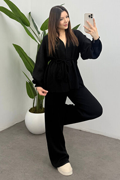 Bipantolon Women's Black Waist Tassel Lace-Up Detailed Cardigan Pants Two-Piece Knitwear Set