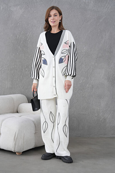 Miss Allos Women's Beaded Wide-Fit Knitwear Cardigan and Pants Bottom-Top Set