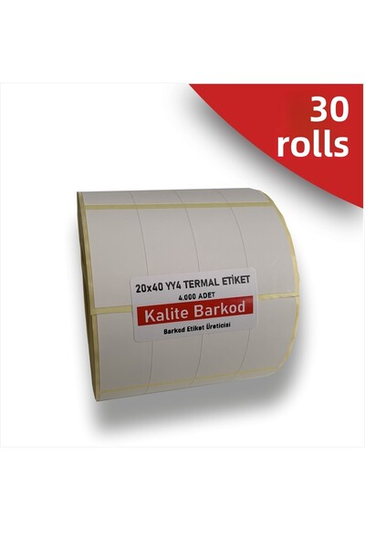 Kalite Barkod ملصقات حرارية مقاس 20 × 40 جنبًا إلى جنب مكونة من 4 قطع| 30 لفة من ملصقات الباركود|