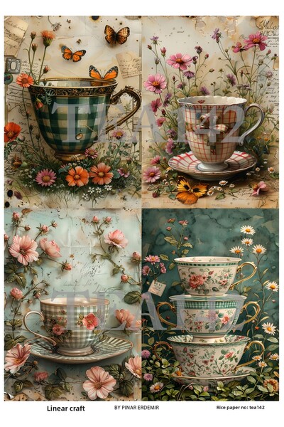 LİNEART كوب سلسلة حفلات الشاي TEA142، نمط الأزهار 29 * 42 سم ديكوباج نحاسي