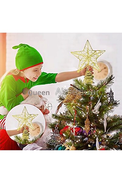 QUEEN AKSESUAR Πολυτελές στολίδι από πεύκο μεγάλου μεγέθους 25 εκατοστών, μεταλλικό χρυσό, ασημί αστέρι, στολίδι