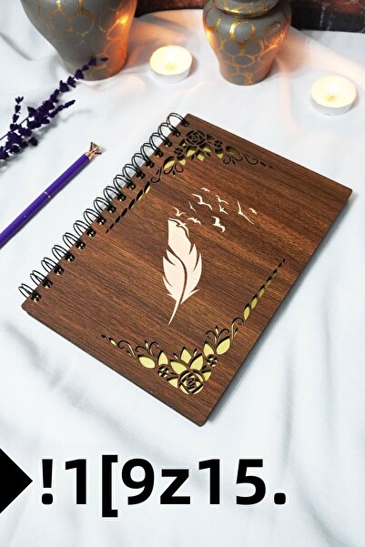 markcat School Notebook with Bird Feather Wooden Cover Spiral - Lined Notebook - 60 Sheets (120 Pages) - A5 15X21 cm