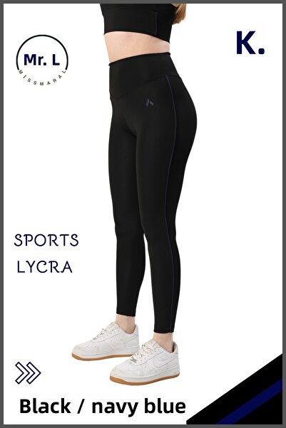 missmaral Women's High Waist Recovery Sports Tights Black / Navy Blue Stripe Detailed Lycra Diver 1041