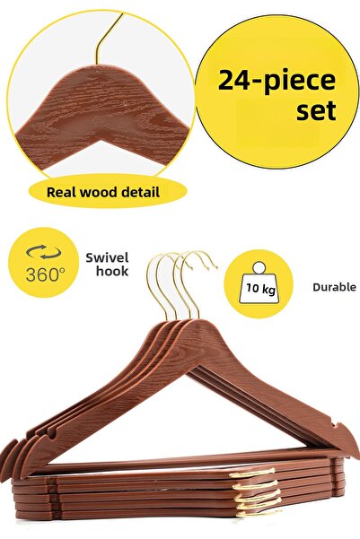ARCH 24 Pieces Brown Wood Look Plastic Hangers for Clothes, Shirts, with Gold Hooks