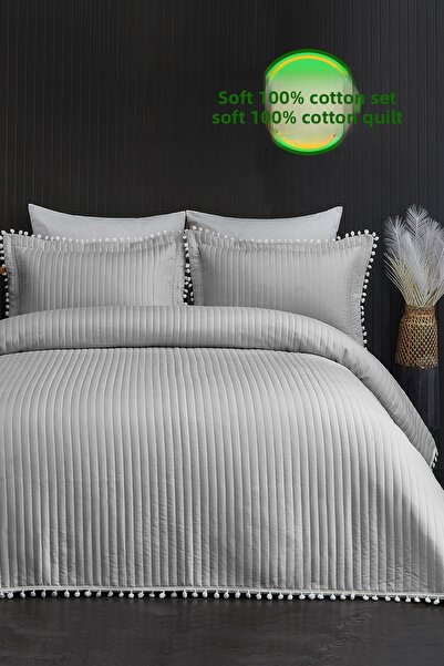 Evlen Home Cuvertură de pat dublă cu pompon, matlasată, 100% bumbac, set de p...