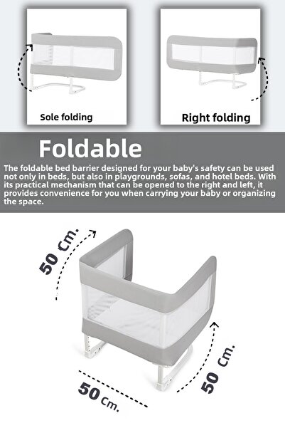 Meleni Baby 150X42 cm Folding Baby Bed Barrier - Protective Base Railing Protection Safety Barrier Gray