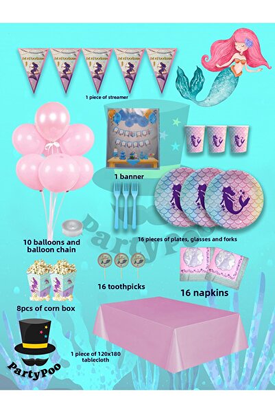 PartyPoo Μεγάλο σετ γενεθλίων με θέμα Γοργόνα για 16 άτομα |   Προμήθειες και διακοσμήσεις για πάρτι