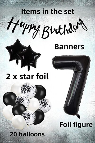 Patladı Gitti 7 Years Birthday Black Concept Celebration Set - White Black Balloon, Numeral Star Foil and Bann