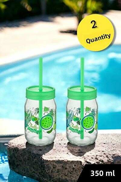 Şahane Pazar Green 2 Pieces Glass Cup with Straw 350cc Fma04794