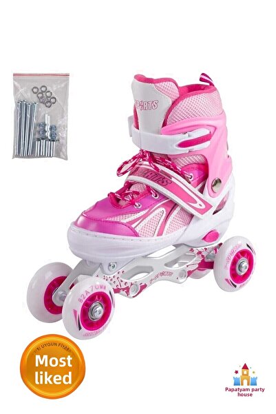 PapatyamPartiEvi Pink Metal Practice Skates with Bag - Adjustable 2 2 Lights,...