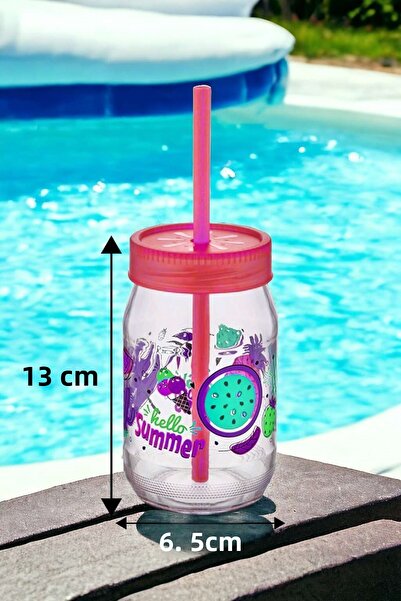 Şahane Pazar Red 2 Pieces Glass Cup with Straw 350cc Fma04794