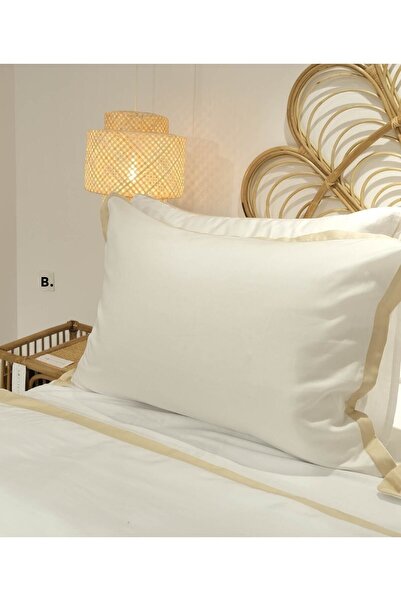 Koza Home Glow Satin Double Optical White Gold Piping Duvet Cover Set 4 Pillows + 240x260 Sheets