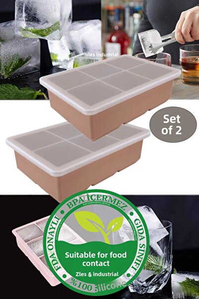 İLES قالب ثلج سيليكون كبير الحجم مكون من 6 قطع مع غطاء وبودرة 2 قطعة