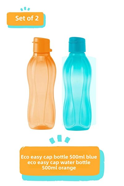 Tupperware زجاجة مياه زرقاء بحجم 500 مل، صديقة للبيئة باللون البرتقالي، مجموعة من قطعتين