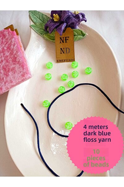 ENEFENDİ 4 метра тъмносиня копринена нишка и 10 зелени мъниста за гривна с ус...