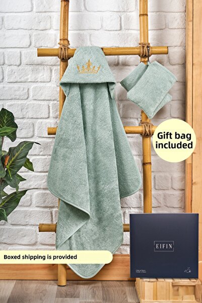 EIFIN Bamboo Crown Embroidered Baby Towel Swaddle and Washcloth Set in Specia...