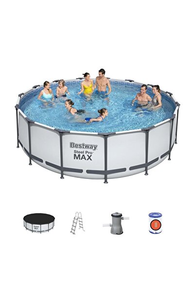 BESTWAY طقم حمام سباحة بإطار فولاذي من Bestway (مضخة فلتر حمام السباحة، سلم، غطاء قماش أرضي) 457×122 سم -26-56438