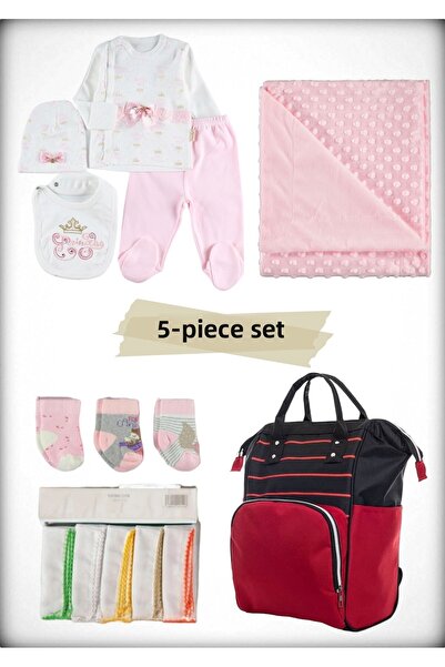 Avşar Baby 5-Piece Birth Set (Mother Baby Bag, Hospital Release Blanket, 10-Piece Wipes and 3-Piece Socks)