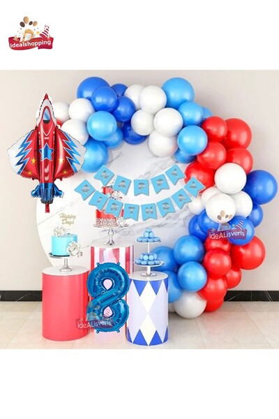 Bkmc Σετ γενεθλίων Jet Plane Blue 8 ετών με αλυσίδα με κόκκινο λευκό μπλε μπα...