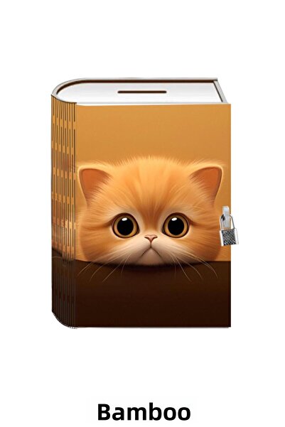 Bambus Home Locked Wooden Printed Decorative Souvenir and Book Piggy Bank Cat