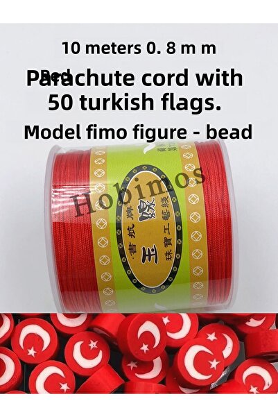 Hobimos 50 фимо мъниста с модел на турско знаме и 10 метра червен парашутен ш...