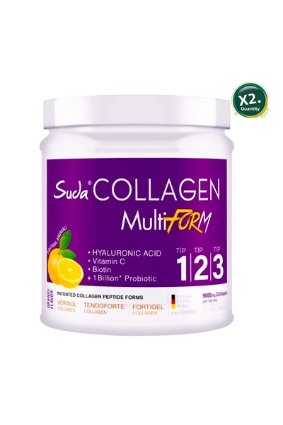 Suda Collagen Multiform Orange Flavored Collagen 360Gr - 9600 Mg Hydrolyzed Collagen Peptide - 2 Pieces